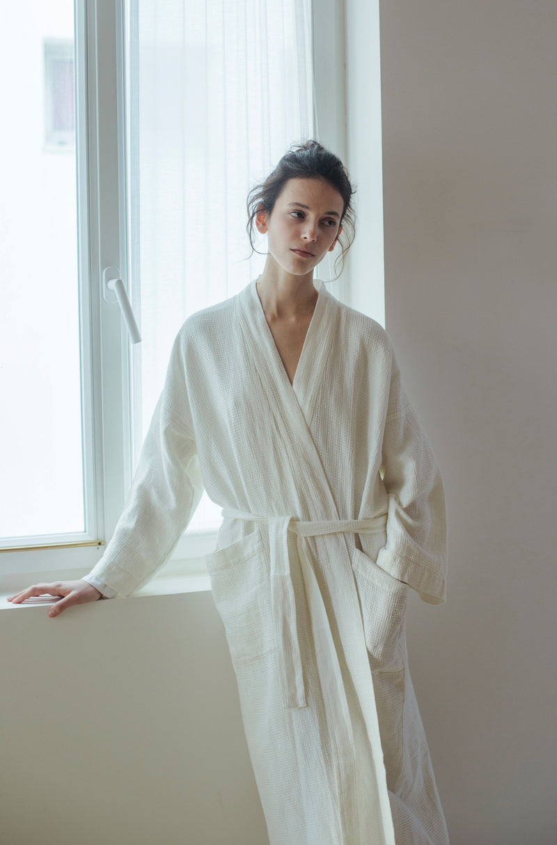 WAFFEL BATH ROBE, OFF WHITE